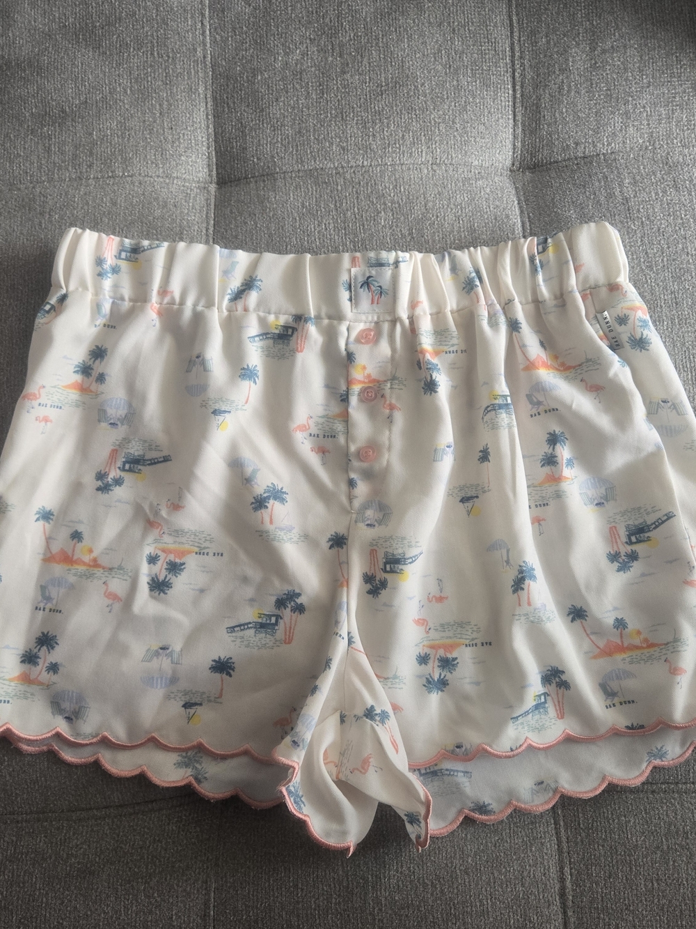Rae Dunn Cream Palm Tree & Flamingo Print Pajama Shorts with Pink Trim